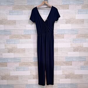 Express Surplice Cinch Waist Jumpsuit Black Short Sleeve Jersey Womens Small